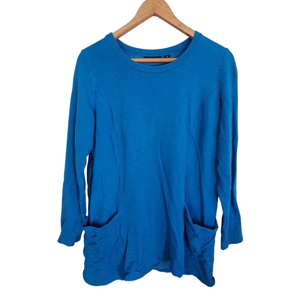 Susan Graver Weekend Brushed Fleece Stretch Tunic Top Pockets Blue M A272146